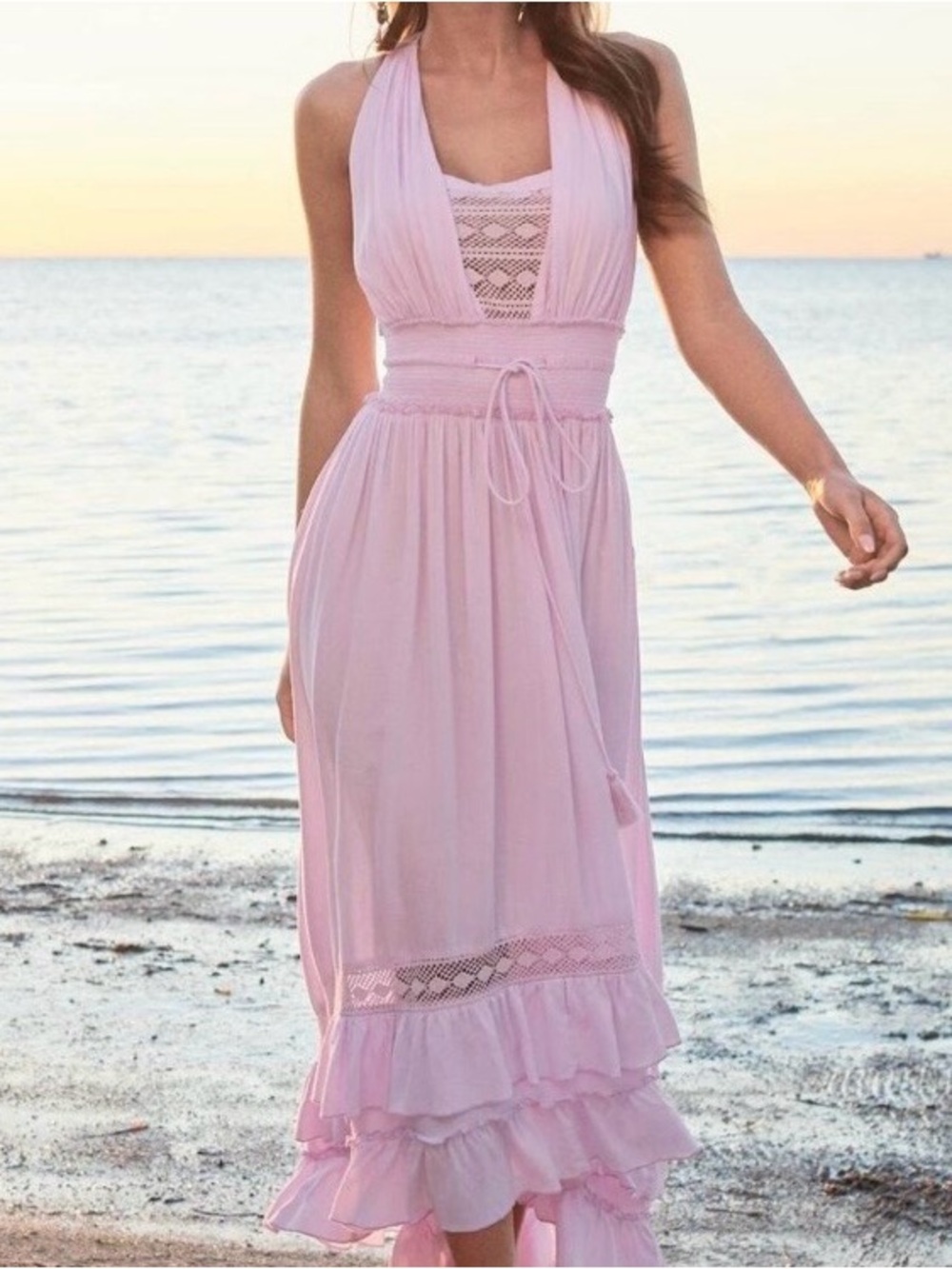 VENUS Light Pink High Liw Maxi Dress with Lace Detail